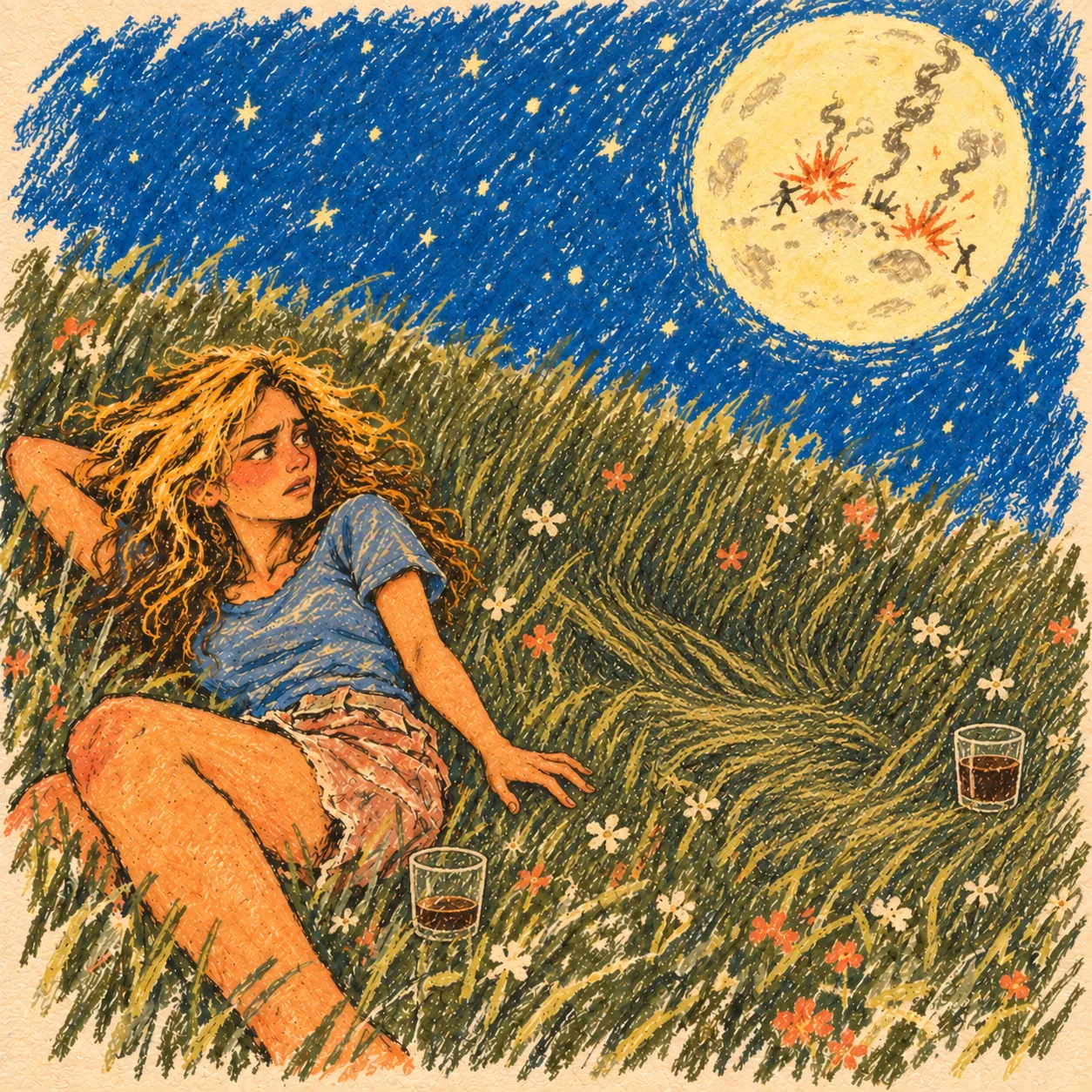 she lies alone in the grass beside a flattened empty place and two drinks, one untouched. a tiny imagined war continues on the moon overhead.
