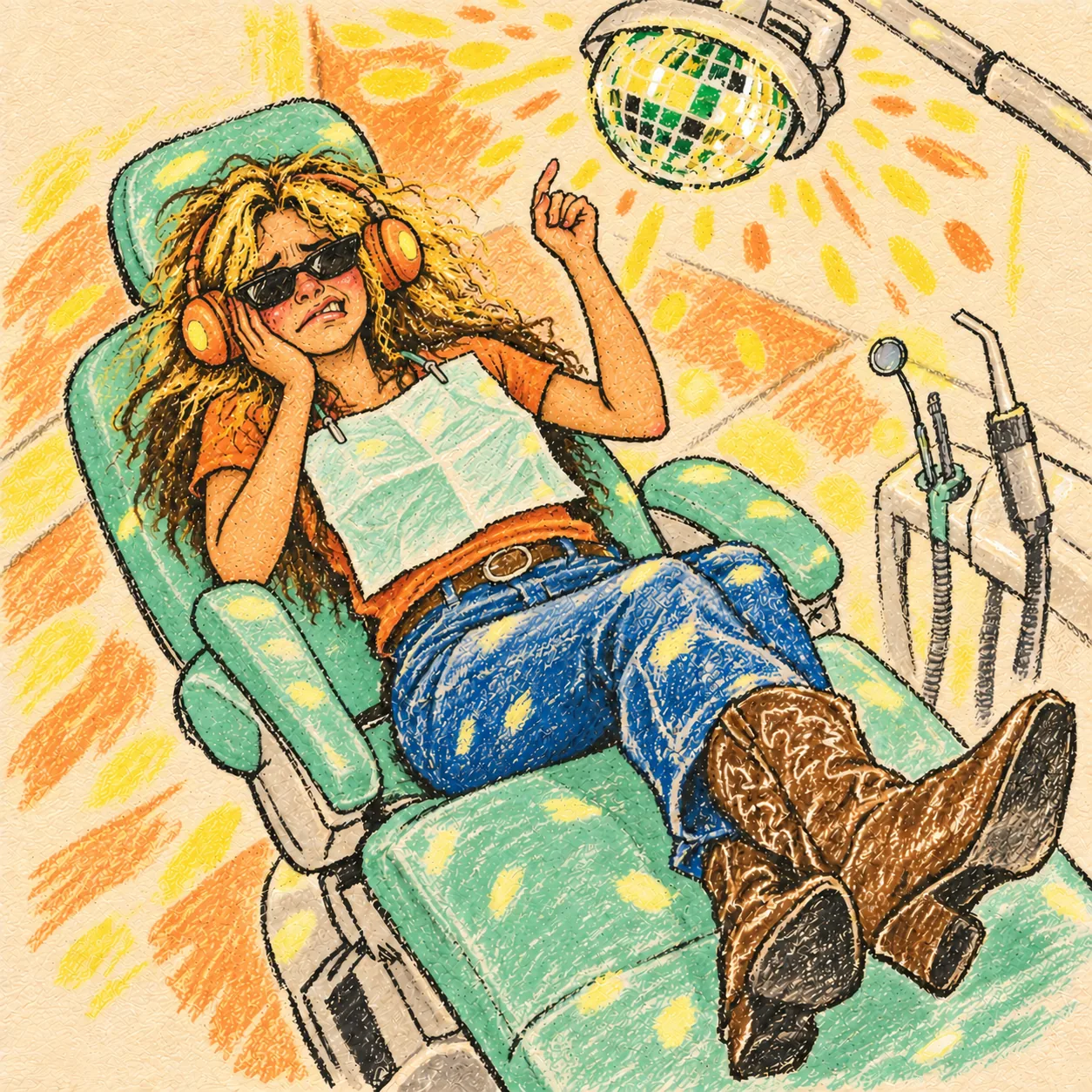 alysa wears headphones and sunglasses in a mint dental chair, holding her jaw and raising one finger beneath a dental light imagined as a disco ball, in yellow and orange crayon.